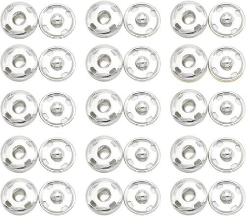 15 Sets Sew-on Snap Fasteners - Metal Snap Buttons for Clothes, Purses, Handbags & DIY Sewing Projects - Press Studs for Fabric Attachment (Silvery) - 15mm