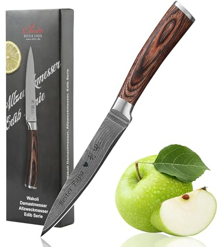 Wakoli EDIB Damast Allzweckmesser mit Gravur – Personalisiertes Messer, 12,5 cm Klinge aus 67 Lagen Damaststahl (VG10-Kern), Pakkaholzgriff – Einzigartiges Küchenmesser Geschenk, Geschenkverpackung