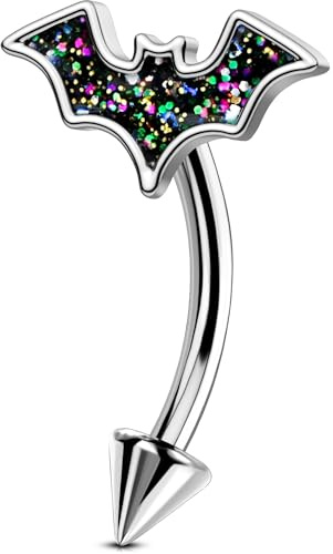 OUFER Bat Halloween Rook Piercing Jewelry, 316L Surgical Steel Eyebrow Piercing Jewelry, Multicolor Glitter Rook Earrings for Women, Hypoallergenic Eyebrow Rings, 16G 8mm Curved Barbell