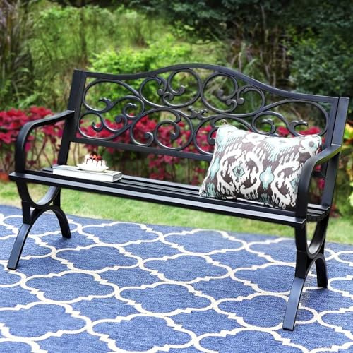 PHI VILLA Metal Outdoor Bench Black with Steel Frame Cast Iron Backrest | Rustproof Sturdy Metal Frame, Floral Backrest, 2-3 Seater, comfortably, simple assembly, For Garden Park