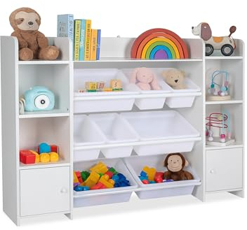 Relaxdays Scaffale Libreria per Bambini, 8 Scatole Portagiochi e Ripiani Libri, HLP: 94x139x30 cm
