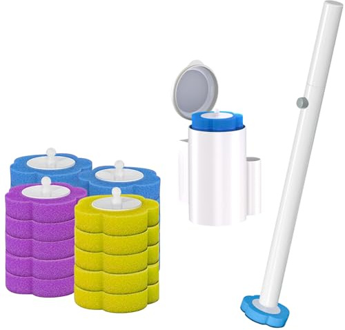 Dexmary Disposable Toilet Brush Set with Holder, Angled Cleaning Wand with 24 Refill Heads, Wall-Mounted Hygienic Toilet Cleaner (Ocean, Lemon, Lavender Scents)