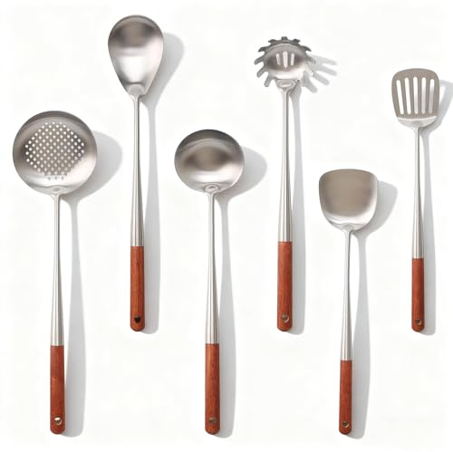 Juego de utensilios de cocina 6 piezas cucharones de acero inoxidable | incluye cucharón, cuchara para sopa, espumadera, espatula ranurada, espátula sólida para wok y servidor de pasta