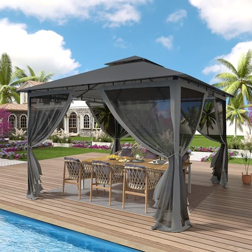UDPATIO Gazebo da Giardino con Doppio Tetto e Zanzariera, 2.75x2.75 m, Struttura in Metallo Resistente, Gazebo Pieghevole Impermeabile per Giardino, Terrazze - Grigio