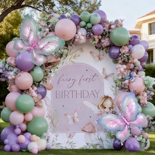 Fairy Wonderland Balloon Arch Garland Kit, Pink Purple Green with 3D Butterfly Balloon for Girls Fairytale Spring Garden Tea Party Birthday