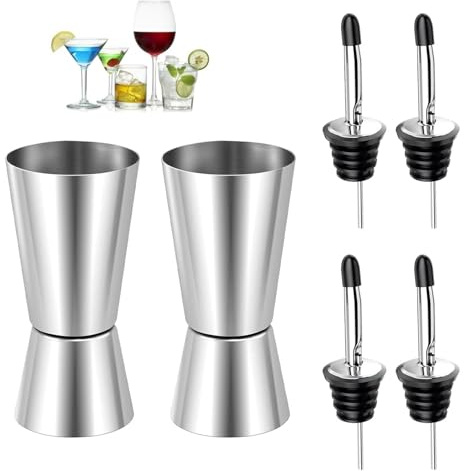 2 Stück Cocktail Messbecher, 2cl & 4cl Dual Spirit Measure Cup Jigger mit 4 Flaschenausgießer, Präzise Skala cl Messbecher Cocktail für Bars Zuhause Hochwertiges Gin Whiskey Alkohol