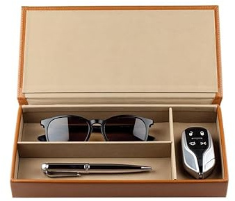 DELMON VARONE - Personalisierbarer Ablagekasten mit Deckel Premium Leder Boxcalf braun, Organizer Box für Kugelschreiber, Füller & Schreibutensilien, Stiftaufbewahrung für Schreibtisch mit 3 Fächer