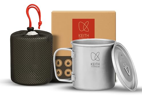 Keith Tazza in Titanio 650 ml Ti3208 con Coperchio e Manico Pieghevole, Leggera e Resistente, Ideale per Tè e Caffè in Campeggio, Trekking, Picnic, Gavetta Scout e Viaggi Outdoor