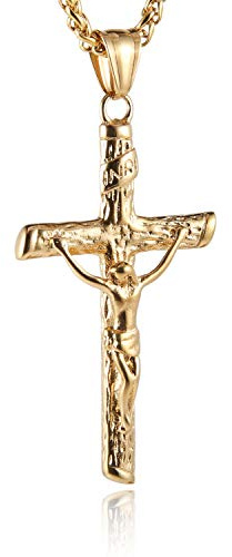 HZMAN Crucifix Cross Necklace for Men Women Stainless Steel Retro Jesus Cross Pendant Baptism Christian Jewelry Gift (Gold)