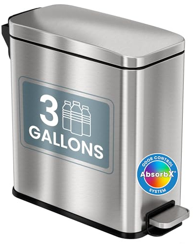 iTouchless SoftStep 3 Gallon Bathroom Slim Step Trash Can with Odor Control System & Removable Inner Bucket, Fingerprint-Proof Stainless Steel Wastebasket for Bathroom, Office and Tight Spaces