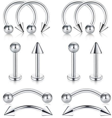 LAURITAMI 12pcs Pendientes Piercing Tragus Helix Aros Perno 8mm 16G Nariz Helix Acero Inoxidable Rook Curvado Bolas Herradura Labio Labret Piercing Joyas