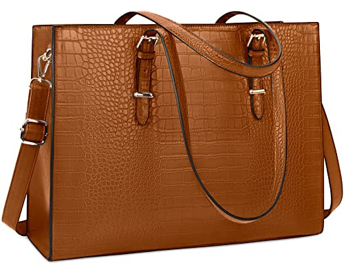 Lubardy Handtasche Damen Shopper Damen Groß Laptop Tasche 15.6 Zoll Elegant PU Leder Umhängetasche Arbeitstasche für Business Büro Schule Einkauf Arbeit Braun