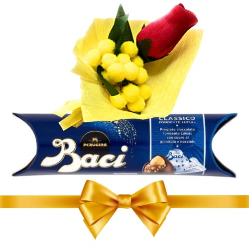 Baci Perugina Regalo Donna - Baci Perugina Classico 37,5gr + Bouquet Mimosa Finta + Bocciolo Rosa Rossa - Regalo Mamma|Amica|Nonna