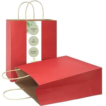 DeinPack 25 Papiertüten 32 x 12 x 41 cm aus Kraftpapier, Papiertüten mit Henkel, Geschenkverpackung, Gastgeschenke Tüten, Mitgebseltüten, Geschenktüten Set - rote Papier Tüten