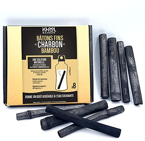 KHOOL | Lot de 8 batons de charbon de bambou purificateur d'eau | Origine France | 1 à 2 cm de diamètre | 1 baton = 1L | PURIFIE l’eau dans une BOUTEILLE, CARAFE ou GOURDE