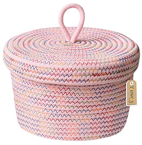 Yiuswoy Baumwollseilkorb Geflochtener Aufbewahrungskorb Baby Aufbewahrungsbox mit Deckel Heim Deko Korb für Kinderzimmer, Wohnzimmer, Bad - Rosa