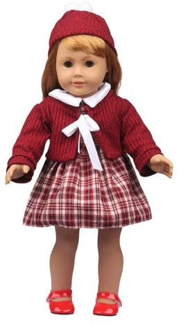 DUORUIMI Puppenkleidung Kleid Winter rot Outfit Weihnachten Kleid Mantel karierten Muster mit Hut für amerikanische Mädchen Puppe 45 cm