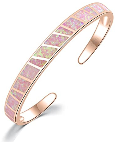SALAN Pink Fire Opal Stone Open Bangles Rose Gold Adjustable Minimalist Bracelets Jewelry Best Gifts For Girl Woman, 6.5 inches