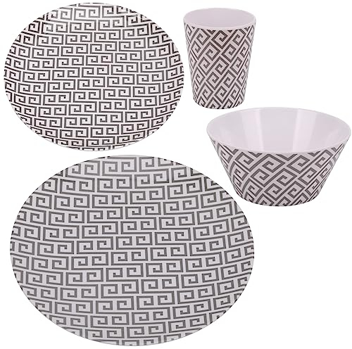 WedDecor 16Pcs Melamine Dinnerware Sets for 4 People for Indoor Outdoor BBQ Garden Picnic or Camping Use, Durable and Lightweight Melamine Dinner Set with Geometric Design Plate Bowl & Cups