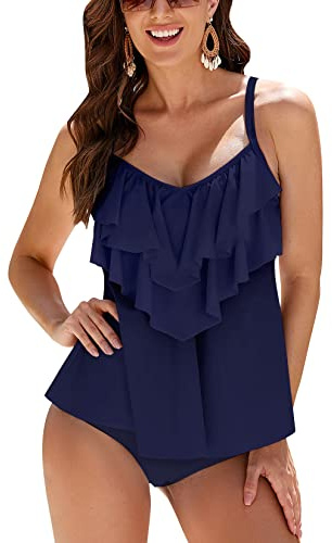 WIN.MAX Costume da Bagno Tankini da Donna Set Vita Alta Volant Volant 2 Pezzi Bikini Set Costume da Bagno Plus Size Costume(Grigio Viola,EU42)