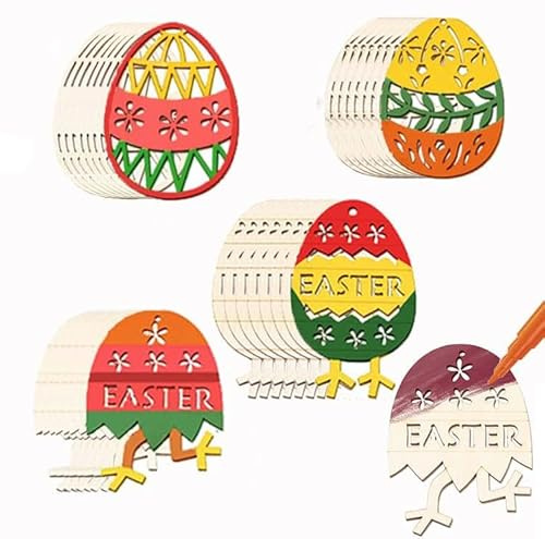 HERZWILD 46pcs DIY Basteln zum Bemalen,32pcs Ostern Holzanhänger Ostern Deko,mit Pigmente in 12-Farben 2 Malpinsel,zum Bemalen Ostereier zum Basteln