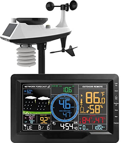 AnzAga Station météo Wi-FI 6 en 1 avec Solaire | Système de Surveillance à Distance intérieur/extérieur
