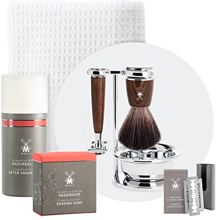 MÜHLE Rytmo Rasierset Bundle 8-tlg., Rasierhobel, Pinsel und Ständer | Nassrasur-Set, Sicherheitsrasierer, Pinsel, Ständer mit verchromtem Fuß, Griff aus Esche, für Bart und Gesicht
