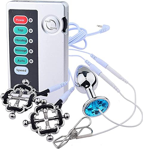 Hrekssi Elektrosex/E-Stim Kit, Nippelklemmen und Metall Analplug/Buttplug zur Elektrostimulation Reizstromgerät, Erotik Stromschlag Sexspielzeug für Frauen Männer Paare