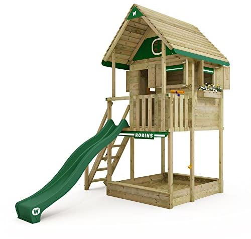 Wickey Stelzenhaus Smart Clubhouse mit grüner Rutsche, Kletterturm, Spielhaus, Spielturm, Baumhaus mit Sandkasten, Kletterleiter & Spiel-Zubehör