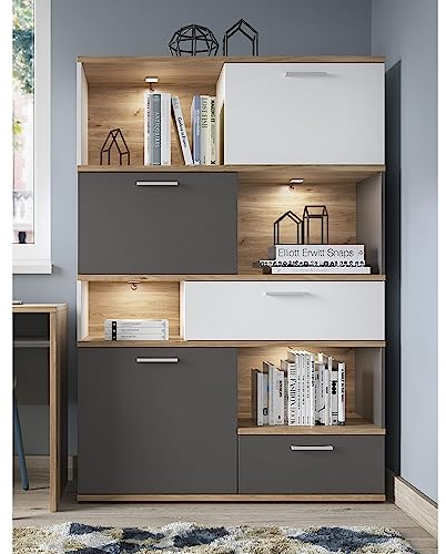 Lomadox Regal Highboard mit Beleuchtung in Eiche Nb. mit weiß und grau, B/H/T ca. 115/168/40 cm