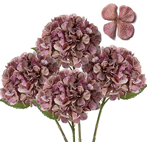 Hollyone 4 st rosa grå hortensia konstgjorda blommor med 40 cm lång stam, falska blommor, torkade blommor, konstgjorda hortensia växter för kök, heminredning, fest, bröllopsdekorationer