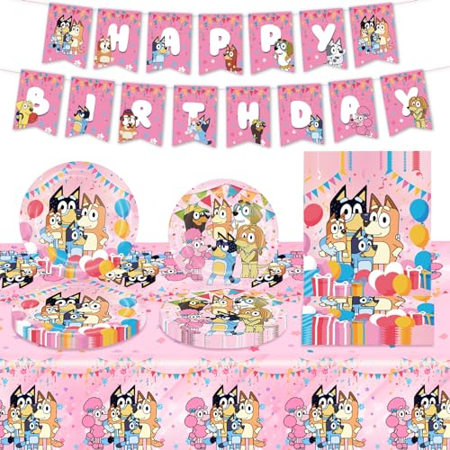 Partygeschirr Kindergeburtstag, 41 Stück Party Deko Geburtstag Dog Geburtstag Dekoration Rosa Geburtstagsdeko Party Set Inklusive Banner, Tischdecken, Teller und Servietten