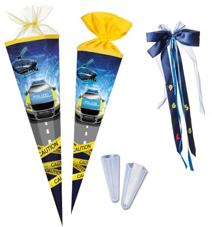 Nestler School cone set for filling, handmade cardboard sugar cone - motif Sonderkommando, school cone, lace protector, bow (70 cm round)