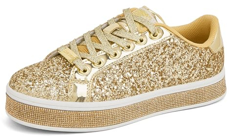 LUCKY STEP Damplatå-glittersneakers | gnistrande bling, glänsande, dressy, bedazzled bröllop, promenadskor, Guld, 37 EU