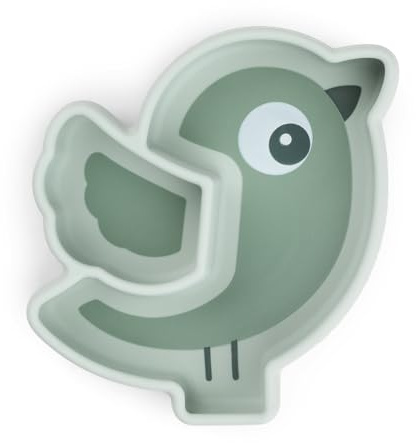 Done by Deer Silikon Stick&Stay Snackteller – Birdee – Grün – 100% Silikon – Rutschfest & Mikrowellengeeignet – Kinderteller mit Unterteilung