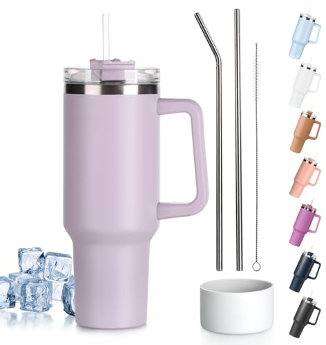 Tuocal 40oz Tumbler with Straw Lid and Handle + 2 Stainless Steel Straws + Silicone Boot, 1180ml Double Wall Vacuum Insulated Cup, Car Coffee Mug, Travel Water Bottle for Hot Iced Coffee, Light Purple