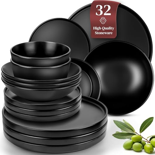32 Piece Black Dinnerware Set for 8 | Matte Black Plates and Bowls Sets, Modern Stoneware Black Dishes Set | Scratch Resistant, Dishwasher & Microwave Safe | Matte Black Finish Ultra-Chic & Modern
