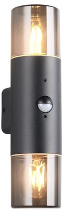 Trio Leuchten Außen Wandleuchte Hoosic 222260232, Druckguss Aluminium Schwarz matt, Schirm Acryl rauchfarbig, exkl. 2x E27, Bewegungssensor