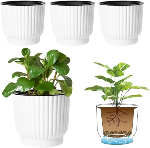 T4U Selbstbewässernde Töpfe für Zimmerpflanzen, 17,8 cm, 4 Stück, weiße Kunststoff-Blumentöpfe für alle Zimmerpflanzen, Blumen, afrikanische Veilchen