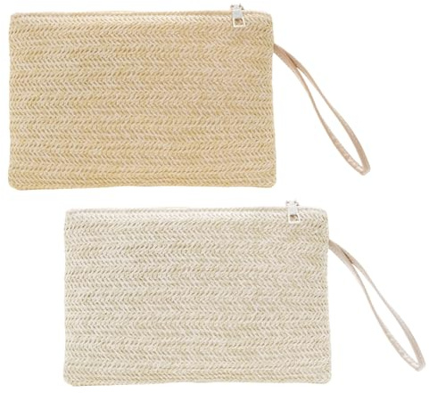 FUIPVGI 2 pieces Womens Straw Clutch Bag Summer Beach Bag, Zipper Wallet Bohemian Bags Purse Straw Clutch Purse Straw Handbag for Women Girls. (2pcs)