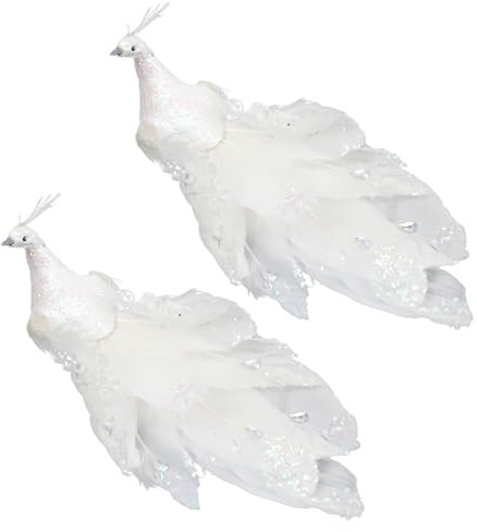 MINGZHE 8,2 Zoll Weißer Pfau-Weihnachtsschmuck, Pfau-Dekor, Pfau-Figur, Weißer Pfau, Langer Schwanz, Pfau-Clip-Ornament, Künstlicher Pfau (2 Stücke)