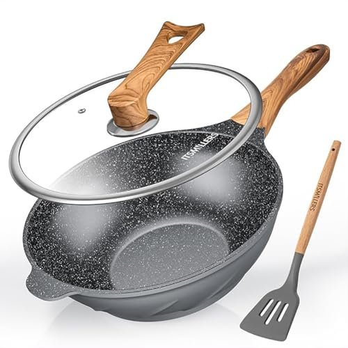 ITSMILLERS Nonstick Wok and Stir Fry Pan 12.5 inch with Spatula, Die-cast Aluminum Scratch Resistant Healthy Wok with Free-standing Lid