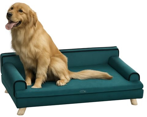 PawHut Divano per Cani Grandi con Imbottitura e Rivestimento Morbido, Cuccia per Cani con Rivestimento Lavabile e Gambe in Legno, Verde Scuro
