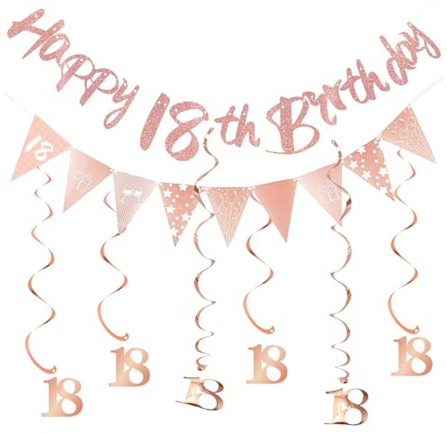 ALEGRE 18 Geburtstag Deko Banner Luftschlangen Set, Deko 18. Geburtstag Mädchen,18. Geburtstage Deko Rosegold,18 Geburtstag sGirlande Spiralen,Deko 18 Geburtstage,Deko zum 18 Geburtstags Luftschlangen