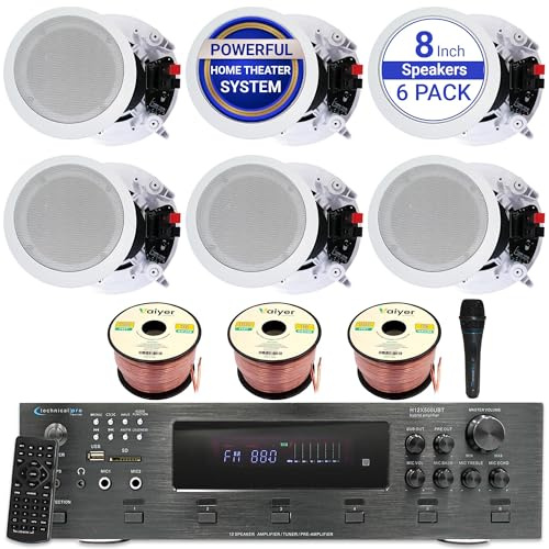 Technical Pro in Ceiling Speakers Kit – 6X 8” 300W Flush Mount Speakers, 6000W Bluetooth Amplifier, Mic & 300ft Wire – Home Theater Ceiling Speaker System for Home, Office, Bar & Restaurant