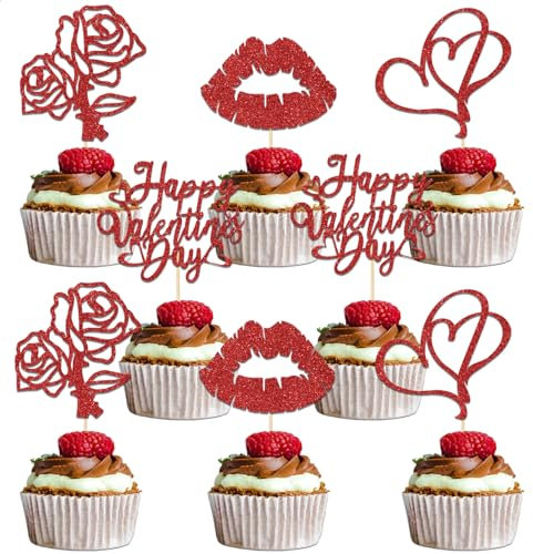 24Pcs Valentines Cupcake Toppers - Happy Valentine's Day - Sweet Heart Love Cupcake Picks Red Glitter
