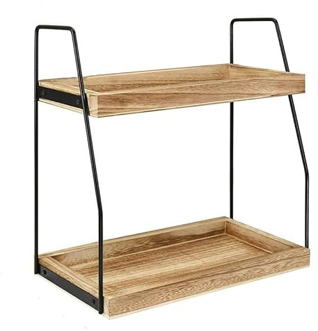 BRAVECOW Coffee Station Organizer, Desktop Table Surface Shelf Stand Wooden Display Storage Rack 2 Tier Condiment, Makeup Tools, Sundry Organizer Counter Shelf for Kitchen, Coffee Bar, Home, Office