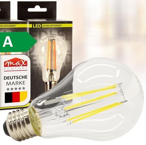 Maxkomfort 4x LED E27 Glühbirne Filament – 5W ersetzt 60W, Energieklasse A, 1055 Lumen, Warmweiß (3000K), 50.000h Lebensdauer, Leuchtmittel, 360° Lampe