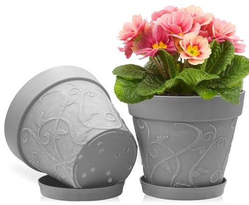 ZMTECH 25 cm Plant Pots with Saucers & Drainage Holes, 10 Inch Plastic Terracotta-Look Planter, Large Flower Pot with Tray for Indoor Outdoor Snake Plant Aloe Monstera House Plants (Grey, Set of 2)