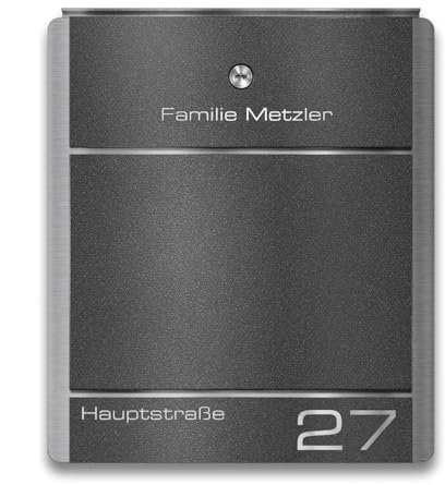 Metzler Moris - Cassetta delle lettere in acciaio inox con scritta in lingua inglese DB 703, con targhetta e numero civico, personalizzabile, con incisione e scomparto per giornali, impermeabile e